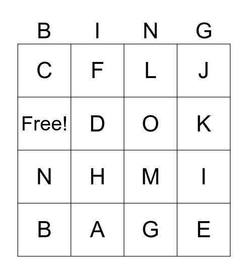 LETTERS A-O Bingo Card