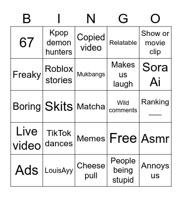 Instagram Reels/Tiktok FYP Bingo Card