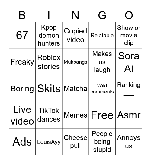 Instagram Reels/Tiktok FYP Bingo Card