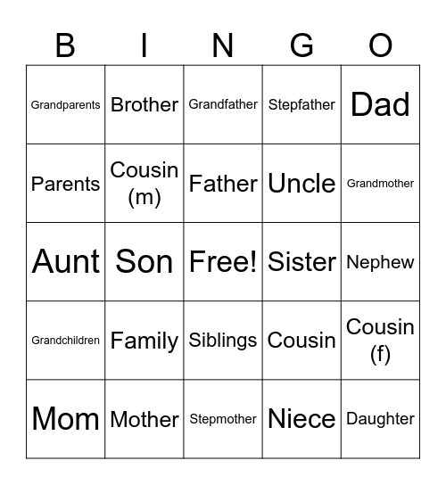 Unit 2 Review: Family Sign Vocabulary Bingo Card