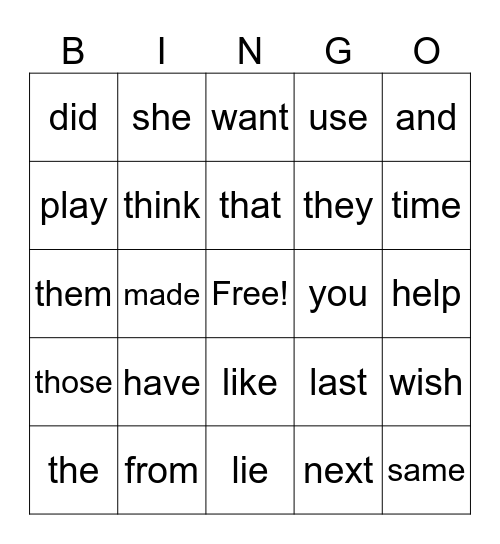 High Frequency Word Mix Bingo Card