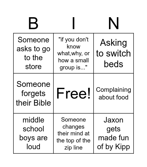 Fall Retreat Bingo Card
