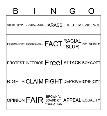 Civil Rights Movement Bingo Card