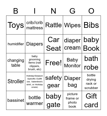Baby Shower Bingo Card