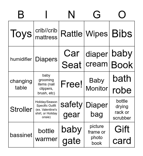Baby Shower Bingo Card