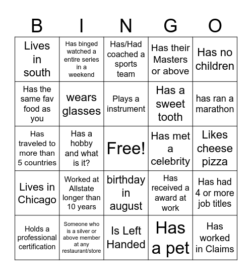 Allstate Bingo Card