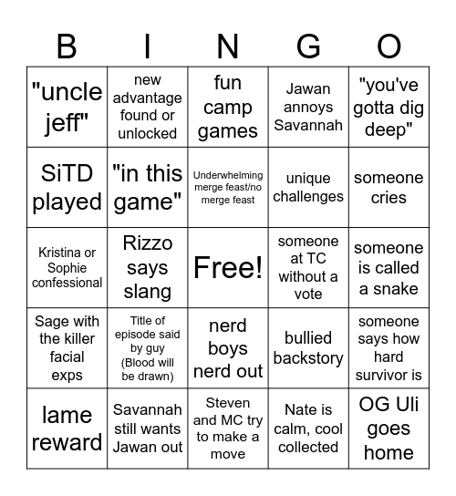 Survivor 49Ep7 Bingo Card