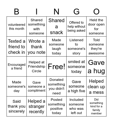 Kindness Bingo Card
