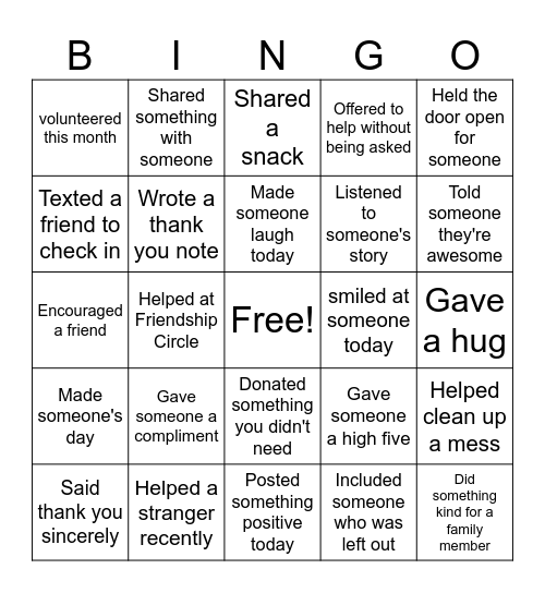 Kindness Bingo Card