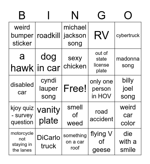 Car Bingo Card