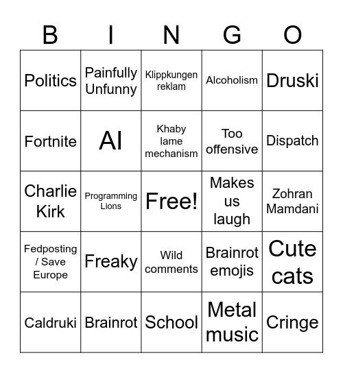 Instagram reels Bingo Card