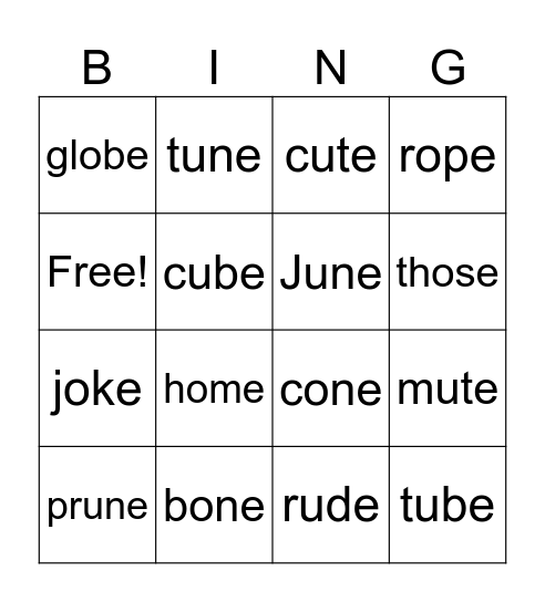 Long O, Long U BINGO Card