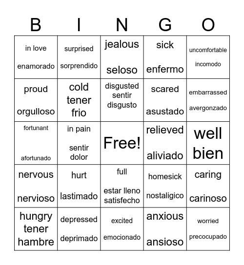 Feelings Bingo Card