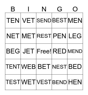 Short E Bingo Card