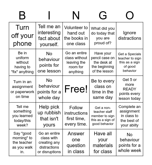 Positive Behavior Bingo Card