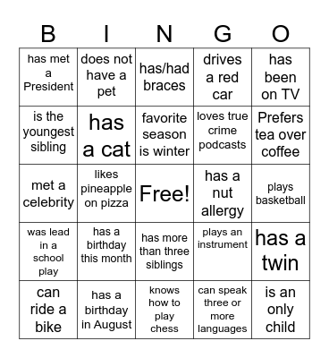 Get to know each other! Bingo Card