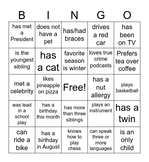 Get to know each other! Bingo Card