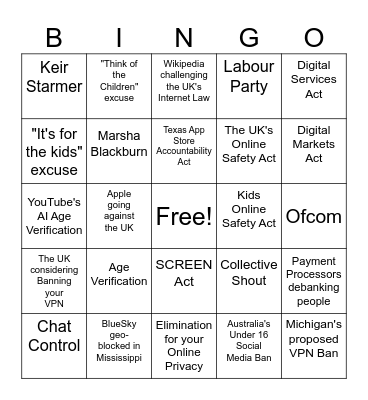 Internet Censorship Era Bingo Card