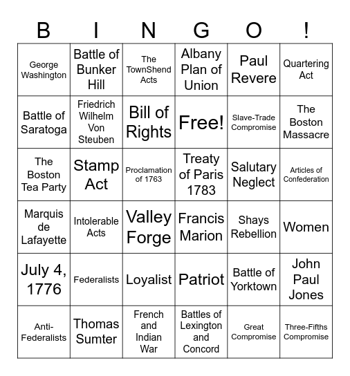Revolutionary War Bingo Card