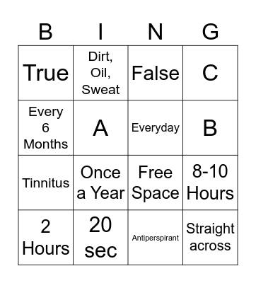 General Hygiene Bingo Card