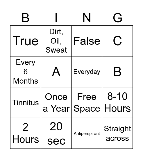 General Hygiene Bingo Card