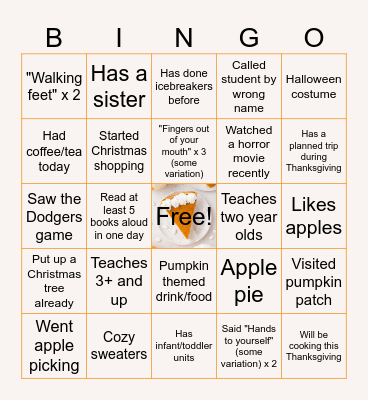 Fall Themed Bingo Card