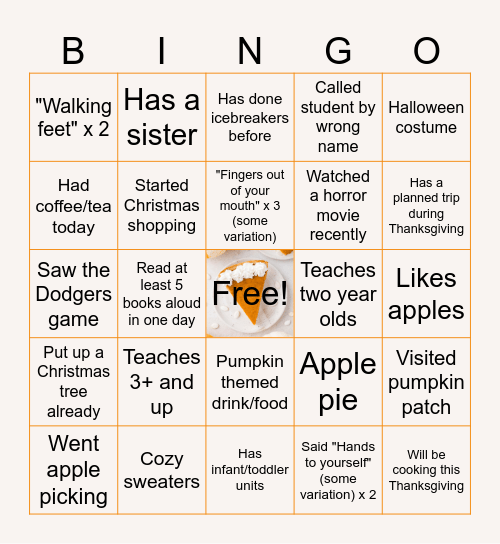 Fall Themed Bingo Card