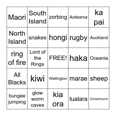 New Zealand Bingo Card
