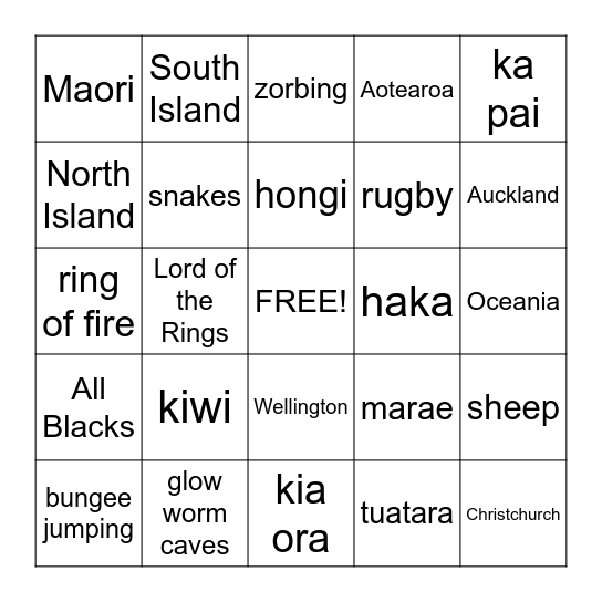 New Zealand Bingo Card