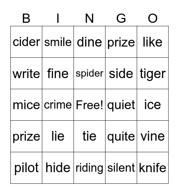 Long I Bingo Card