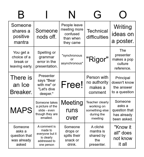 Teacher PD Bingo Card