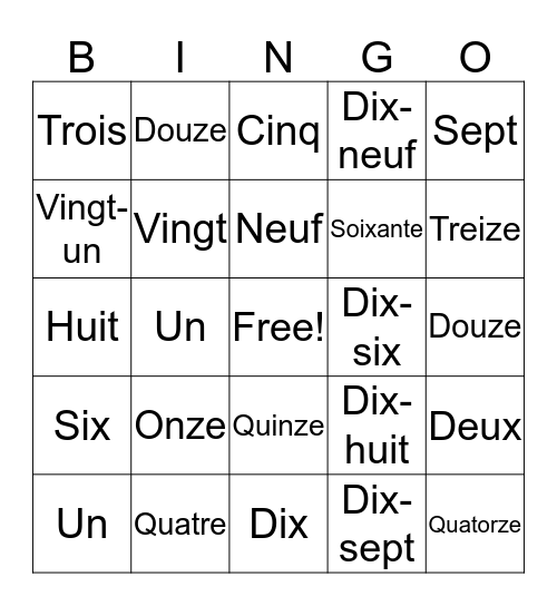 French Numbers  Bingo Card