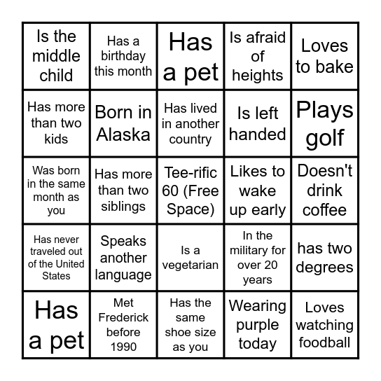 Frederick 60th Par-TEE Bingo Card