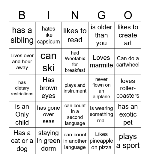 Boarding Bingo Card