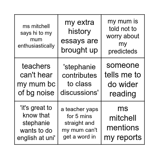 Parents' evening Bingo Card