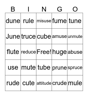 Phonics Pattern Long u:  u_e Bingo Card