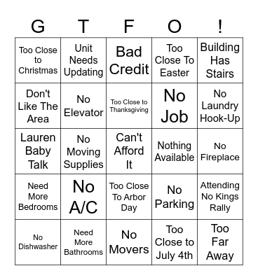 EXCUSE BINGO Card