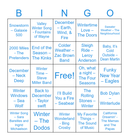 Winter/Cold Weather Songs ♪♫♬ Bingo Card