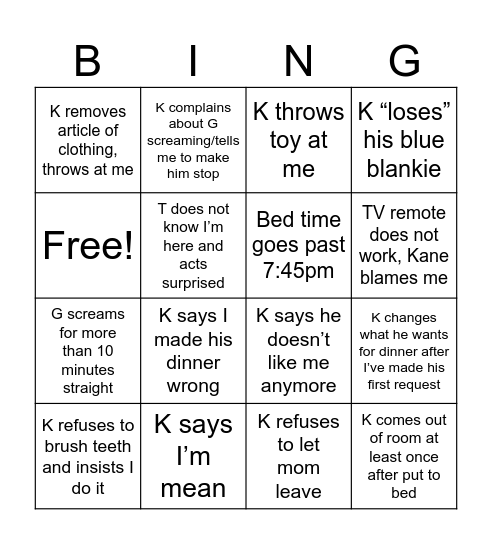 Babysitting Bingo Card
