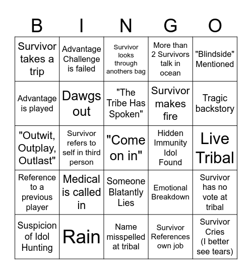 Survivor V2 Bingo Card