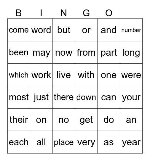 Sight Words Bingo Card