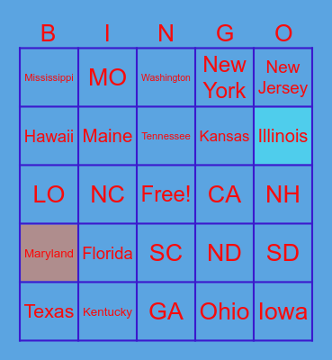 US STATES Bingo Card