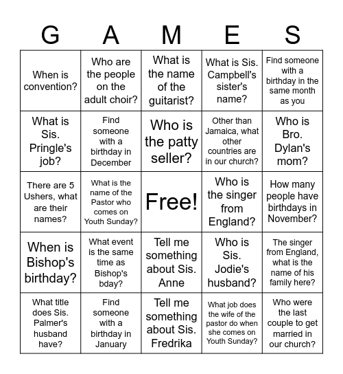 Church getting to know you Bingo Card