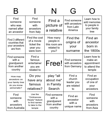 Family Search Bingo Card