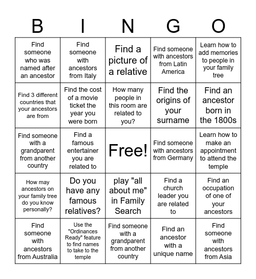 Family Search Bingo Card