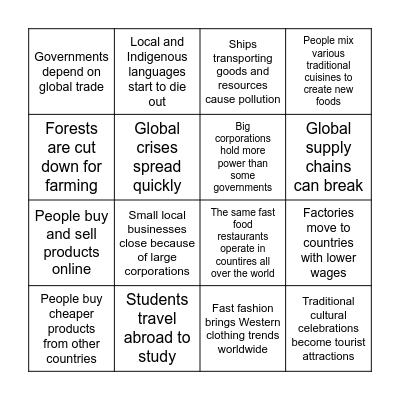 Globalization Impacts Bingo Card
