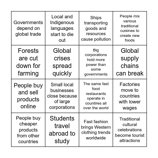 Globalization Impacts Bingo Card