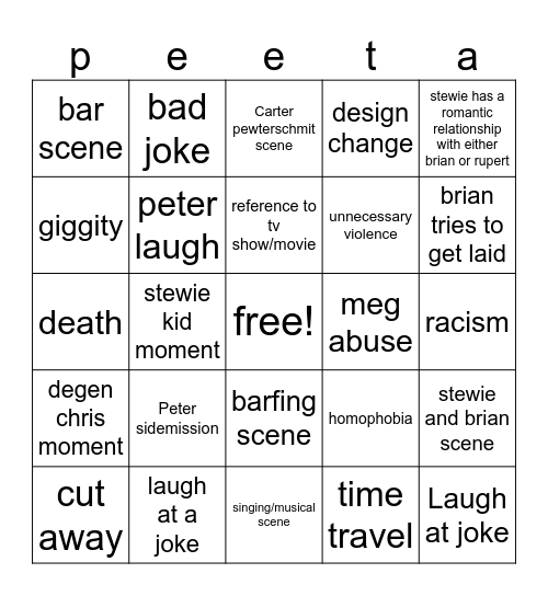 Family Guy Bingo Card