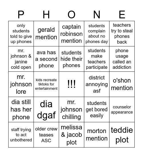 abbott elementary: "No Phones" predictions Bingo Card