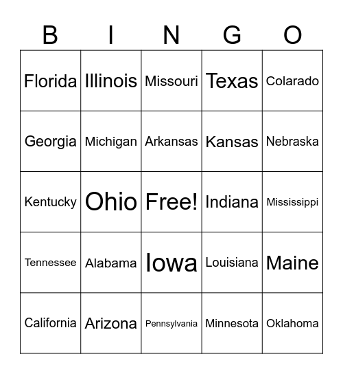 License Plate Bingo Card